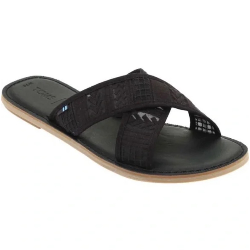 TOMS Black Viv Criss Cross Tribal Flat Slip On Sandals